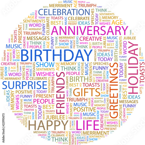 Word cloud concept illustration of birthday association terms.