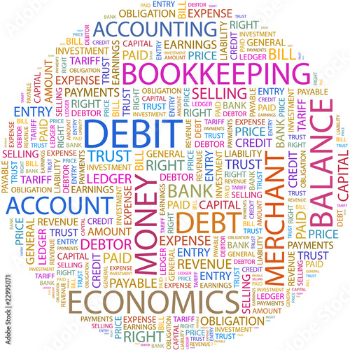 Word cloud concept illustration of debit association terms.