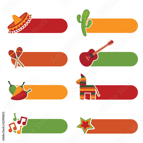 Mexican labels vector clipart sombrero cactus pinata chili peppers guitar isolated on white with copy space