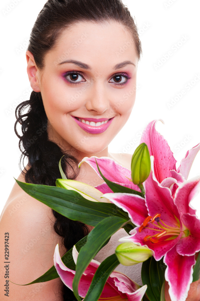 lovely woman with bunch of flowers