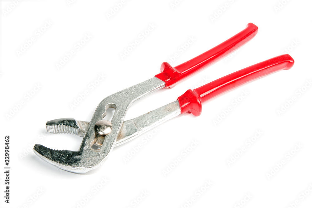 Metal water pump pliers with red handle isolated on white backgr Metal water pump pliers with red handle isolated on white backgr