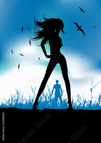 Pretty woman silhouette on nature, man on background