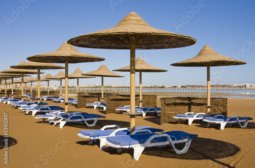 Beach on a sunny day. Hurghada city in Egypt.