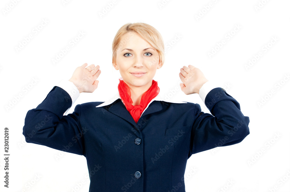 stewardess showing the exit