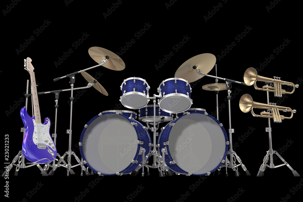 drum kit guitar and trumpet isolated on a black background