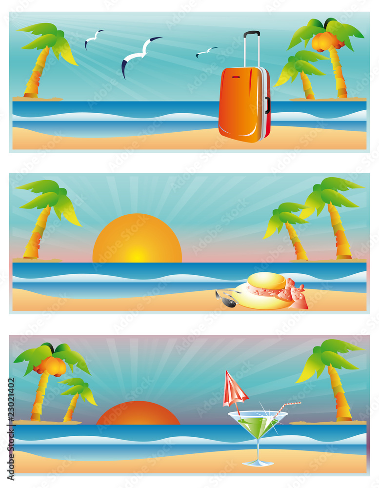 Obraz premium Three banners on a theme Travel and Beach. vector
