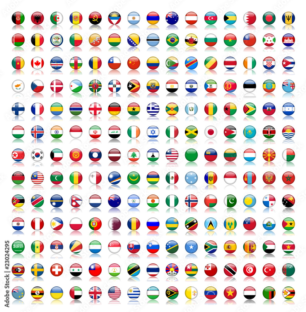 World Flag Buttons with reflection (flags translation version) Stock