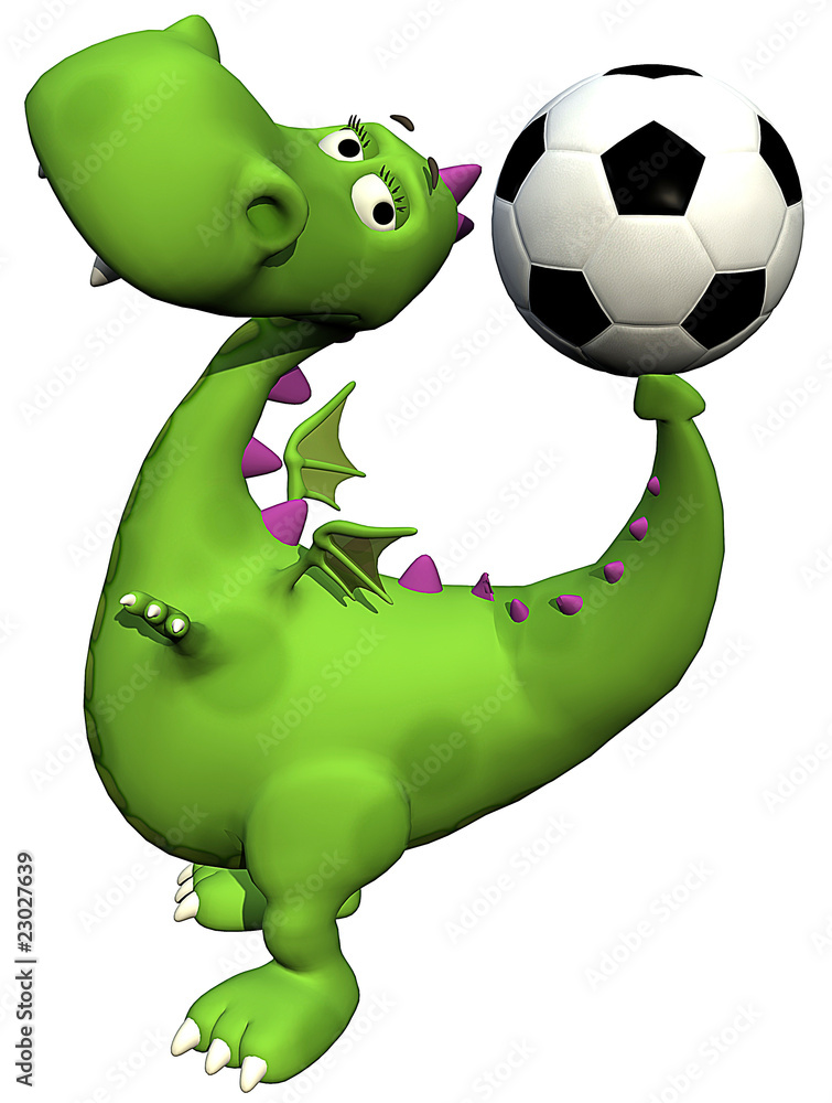 Obraz premium piłkarz dino baby dragon - piłka na ogonie