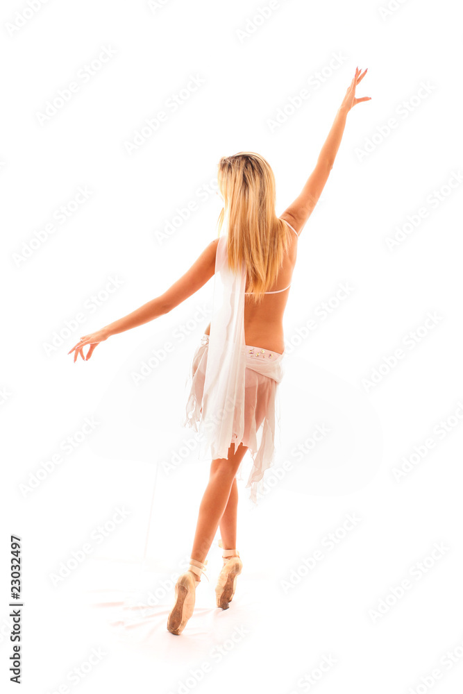young and beautiful ballerina in white dress over white backgrou
