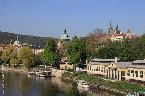 View on spring Prague above River Vltava with gothic Castle