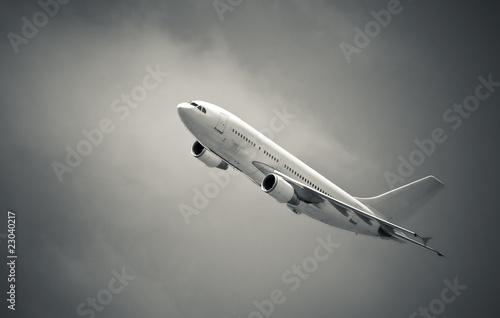 passenger jet flying through bad weather