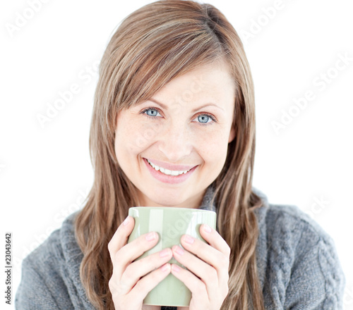Cute woman holding a cup a coffee