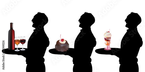 Silhouettes waiters with wine and desserts.