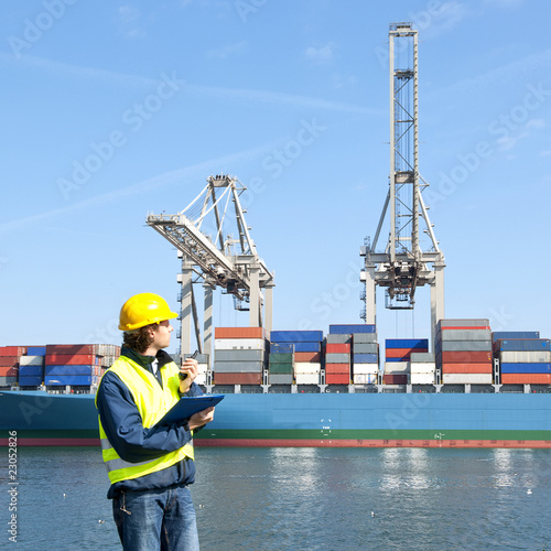 Bild auf Leinwand Docker inspecting a container ship