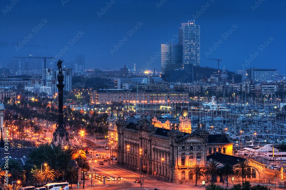 Port Vell at dusk, Barcelona, Catalonia, Spain Port Vell at dusk, Barcelona, Catalonia, Spain