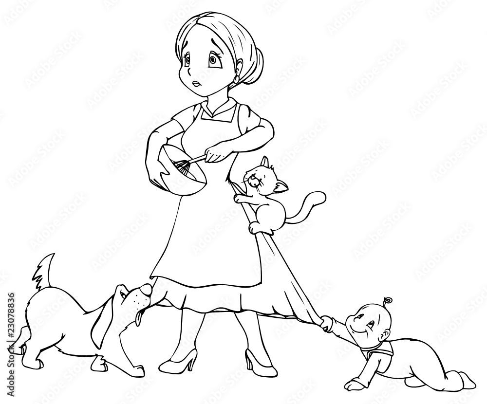 Mutter, Hausfrau, überfordert, Kind, Hund, Katze Mutter, Hausfrau, überfordert, Kind, Hund, Katze
