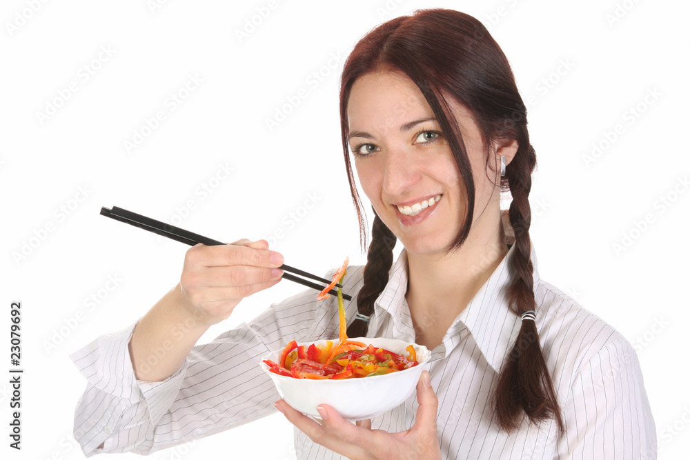 Beautiful woman eating with chopsticks