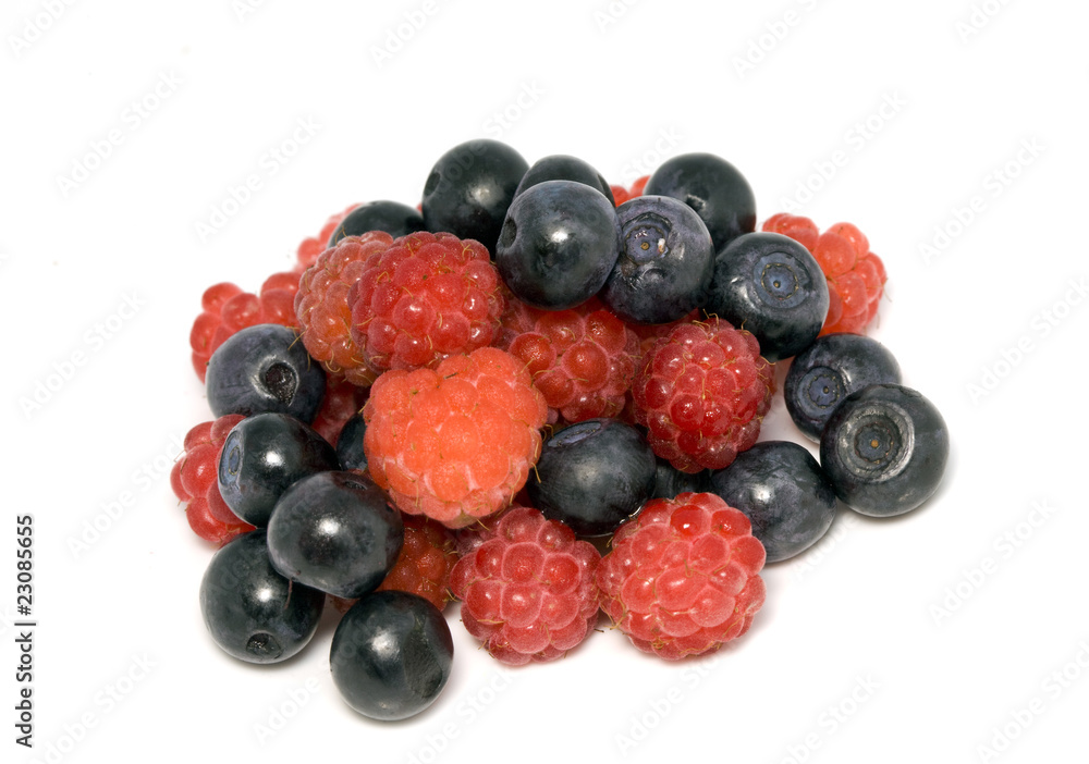 berries of raspberry and bilberry on white background.. berries of raspberry and bilberry on white background..