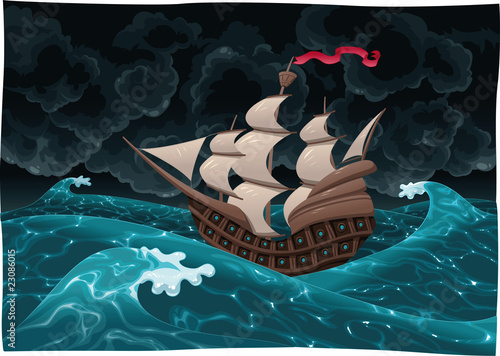 Galleon in the sea with storm. Cartoon and vector illustration