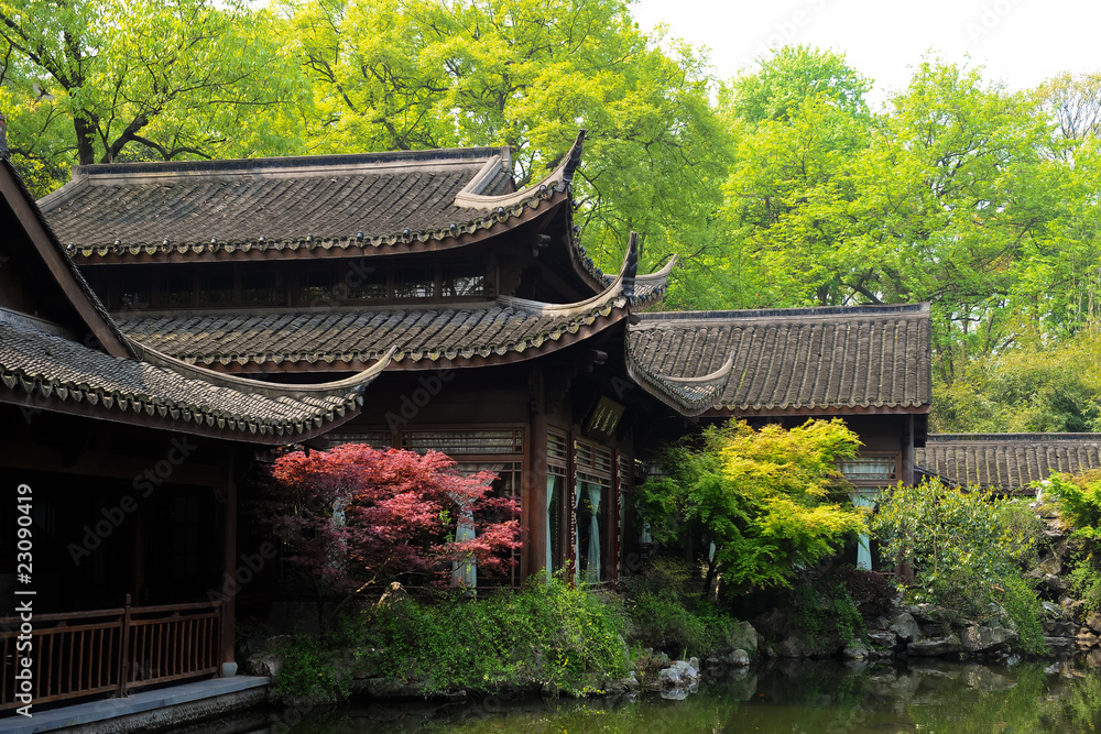 Old oriental structures with garden and fish pond Old oriental structures with garden and fish pond