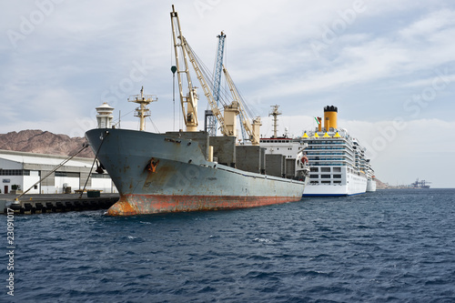 The cargo ship with its own cranes is docked at a shipyards.