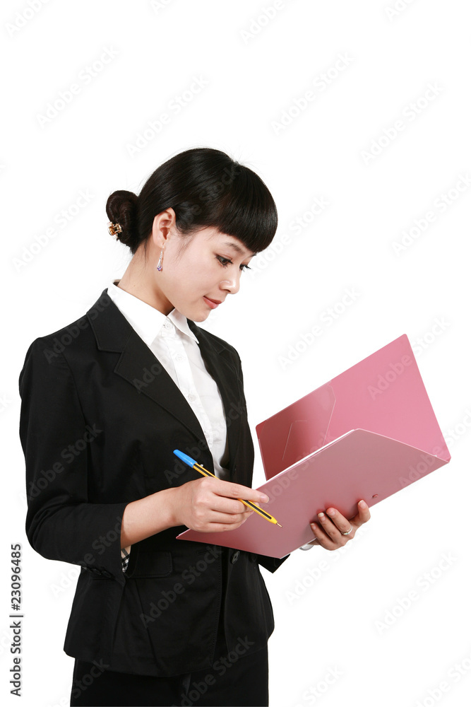 Happy businesswoman with clipboard, isolated on white Happy businesswoman with clipboard, isolated on white