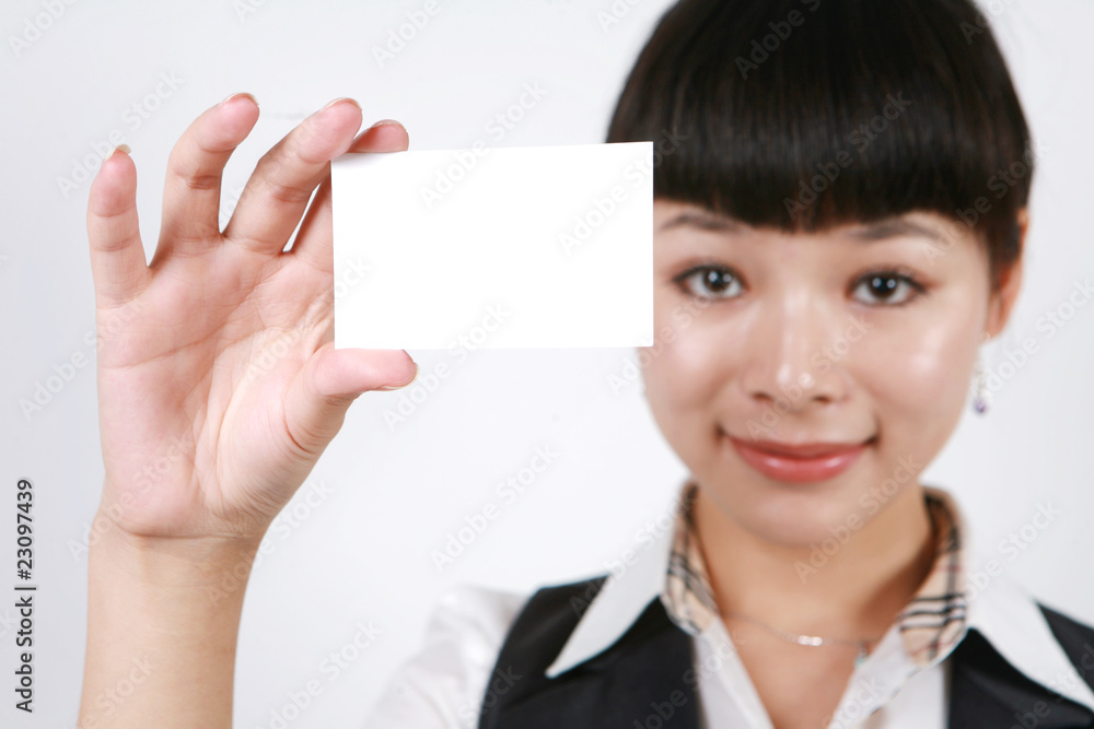 businesswoman holding a blank card on white background businesswoman holding a blank card on white background