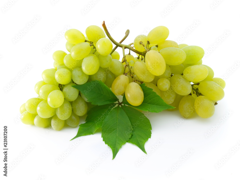 two bunch of fresh grapes with leaf isolated on white two bunch of fresh grapes with leaf isolated on white