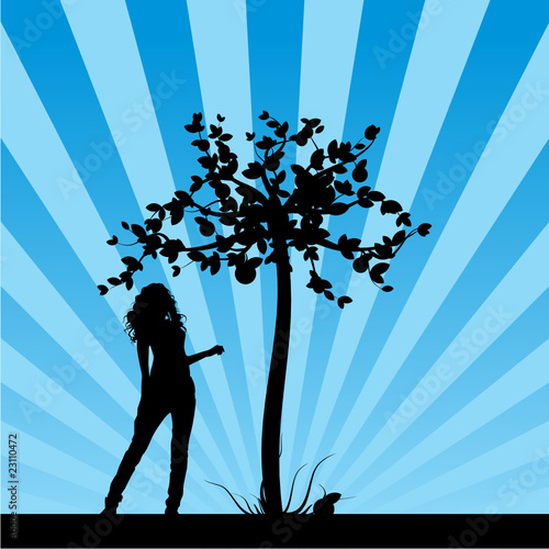girl and apple tree on blue background