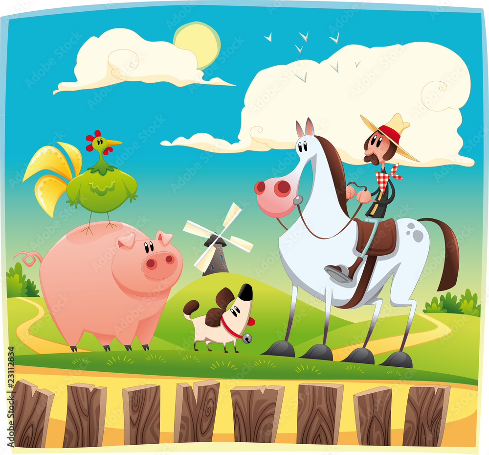Obraz premium Funny farmer with animals. Cartoon and vector illustration.