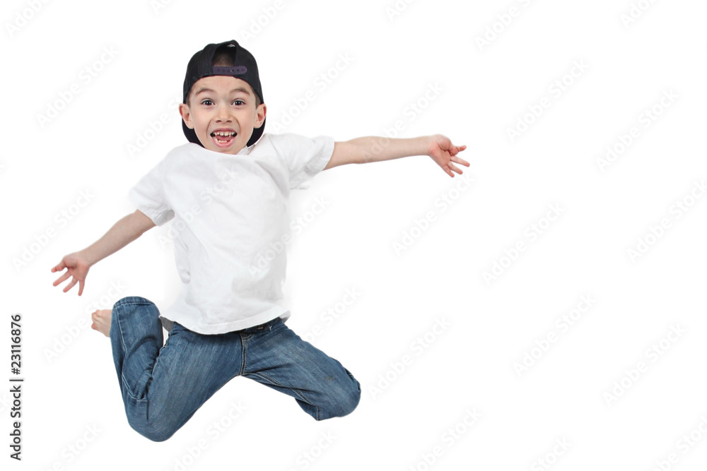 Little boy jumping on isolated white background Little boy jumping on isolated white background