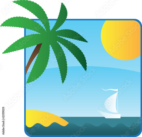 Palm on the seacoast and white yacht on the horizon