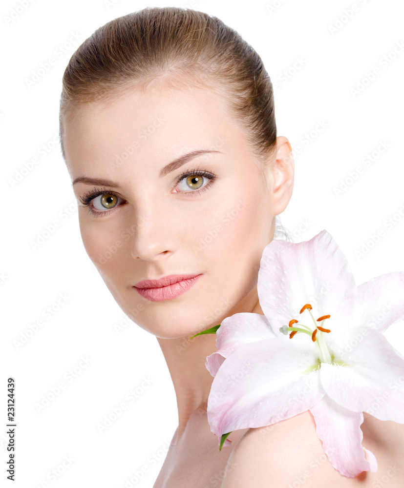 Woman with flower with attractive look Woman with flower with attractive look