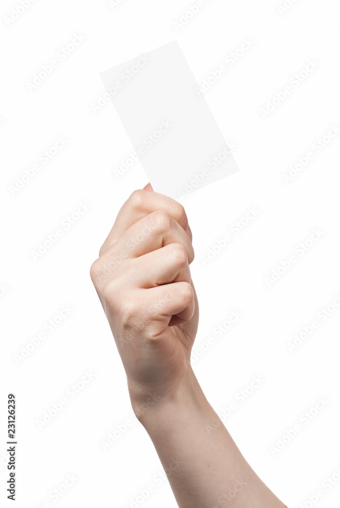 Woman hand holding empty visiting card isolated on white Woman hand holding empty visiting card isolated on white