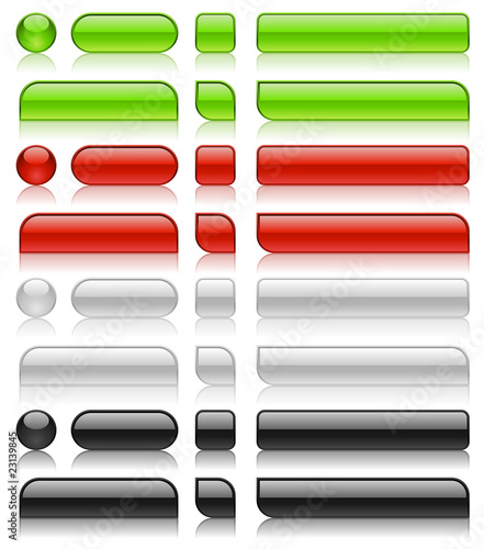 Glossy web buttons of different shapes in four colors.