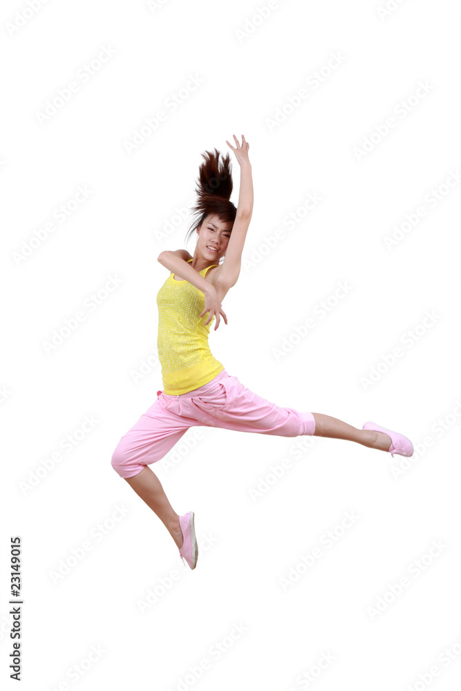 Girl jumping isolated on white background .