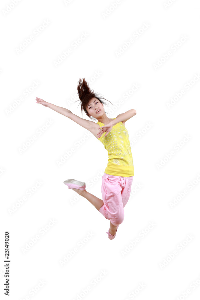 Girl jumping isolated on white background .