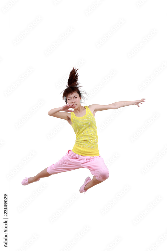 Girl jumping isolated on white background .