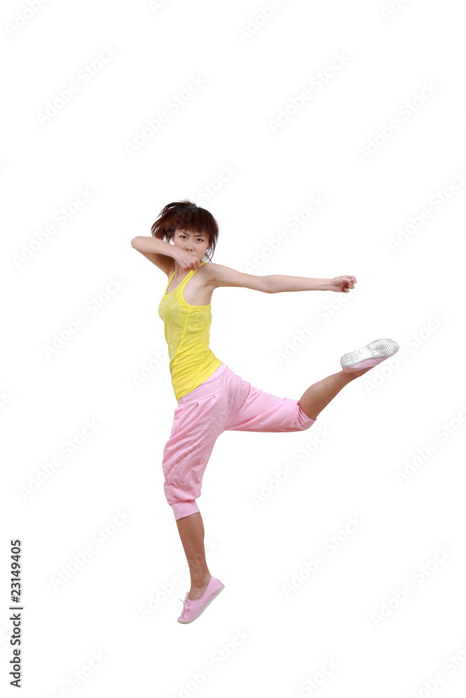 Girl jumping isolated on white background .