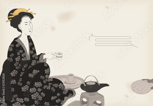 Woman drinking tea- Japanese style drawing