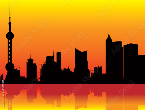 Pudong skyline at sunset, Shanghai, China