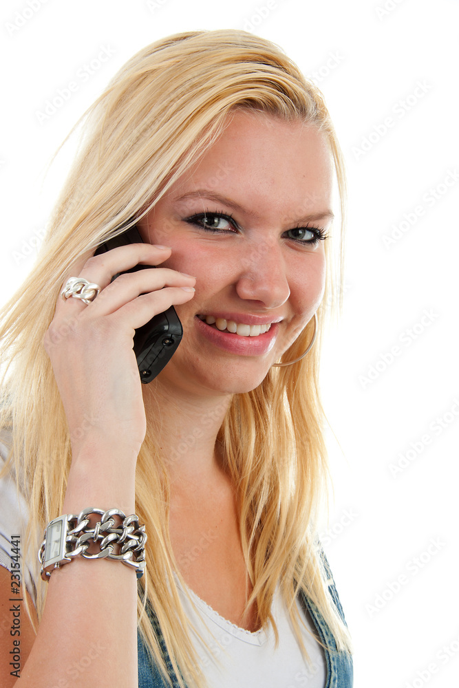 Young woman on the phone over white background Young woman on the phone over white background