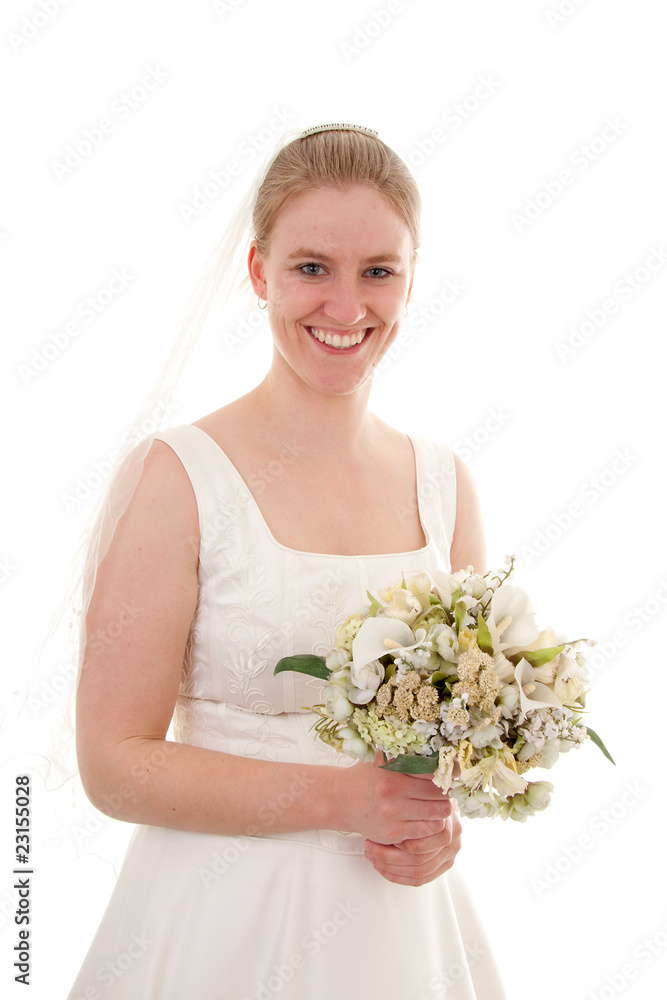 Bride with bouquet over white background Bride with bouquet over white background