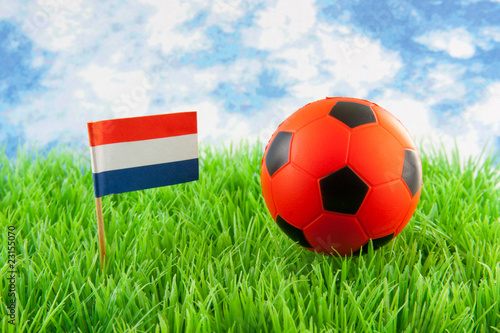 Orange ball and flag on soccer field