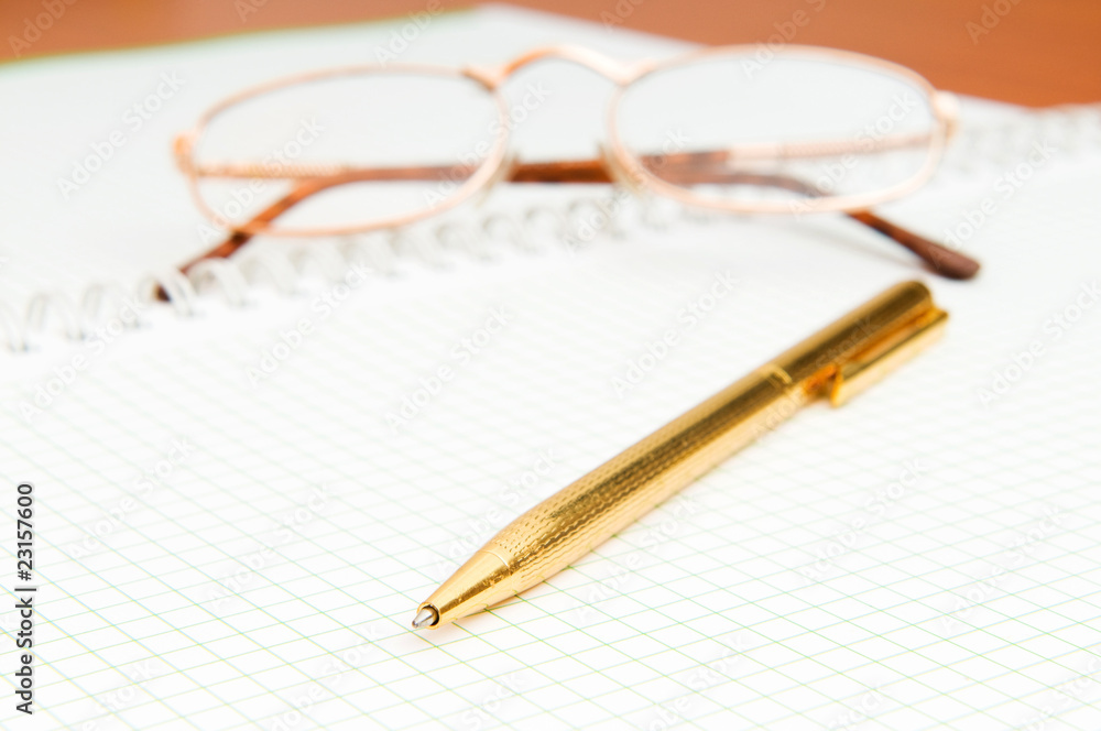 Pen and eye glasses on the page Pen and eye glasses on the page