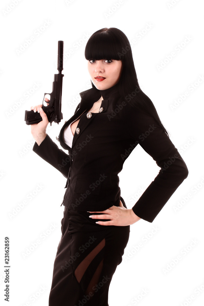 Young brunette woman with gun isolated on white Young brunette woman with gun isolated on white
