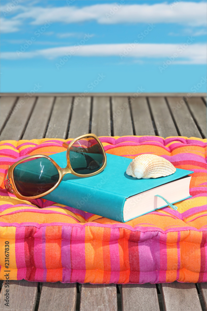 Buch mit Sonnenbrille auf Kissen Buch mit Sonnenbrille auf Kissen
