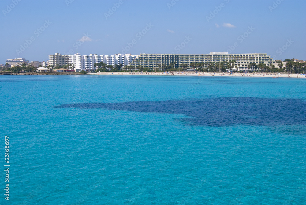 Turquoise waters of Mediterranean Sea and Sa Coma hotels, Major