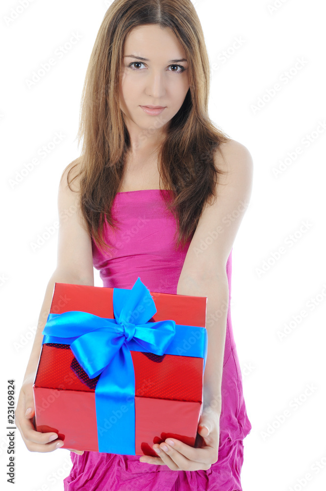 Charming brunette with a gift box. Charming brunette with a gift box.