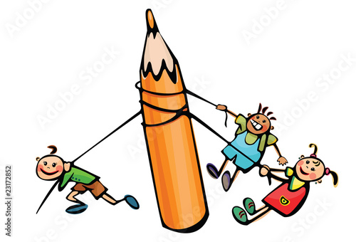 Kids are pulling big pencil